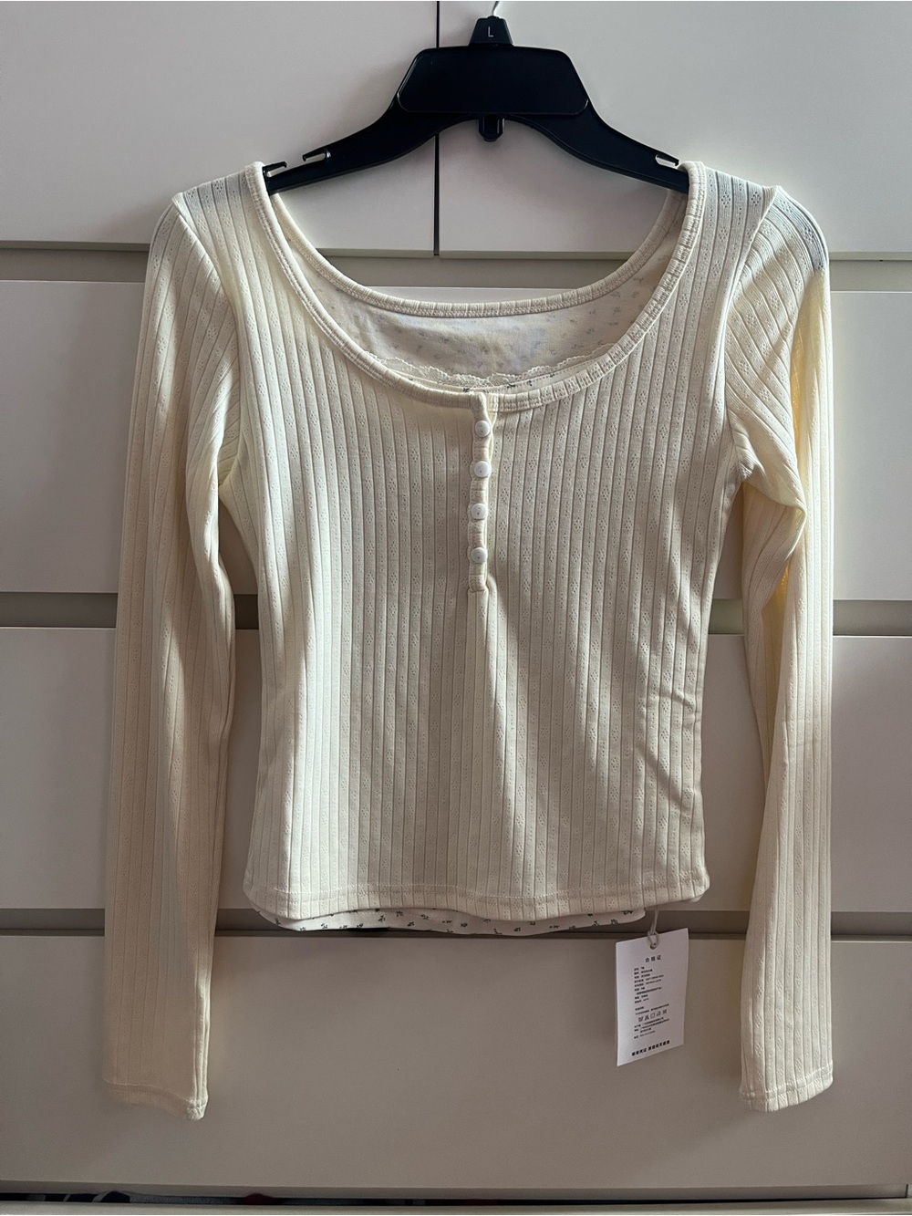 Ribbed Long-Sleeve Henley Mock Floral  Top - Cream